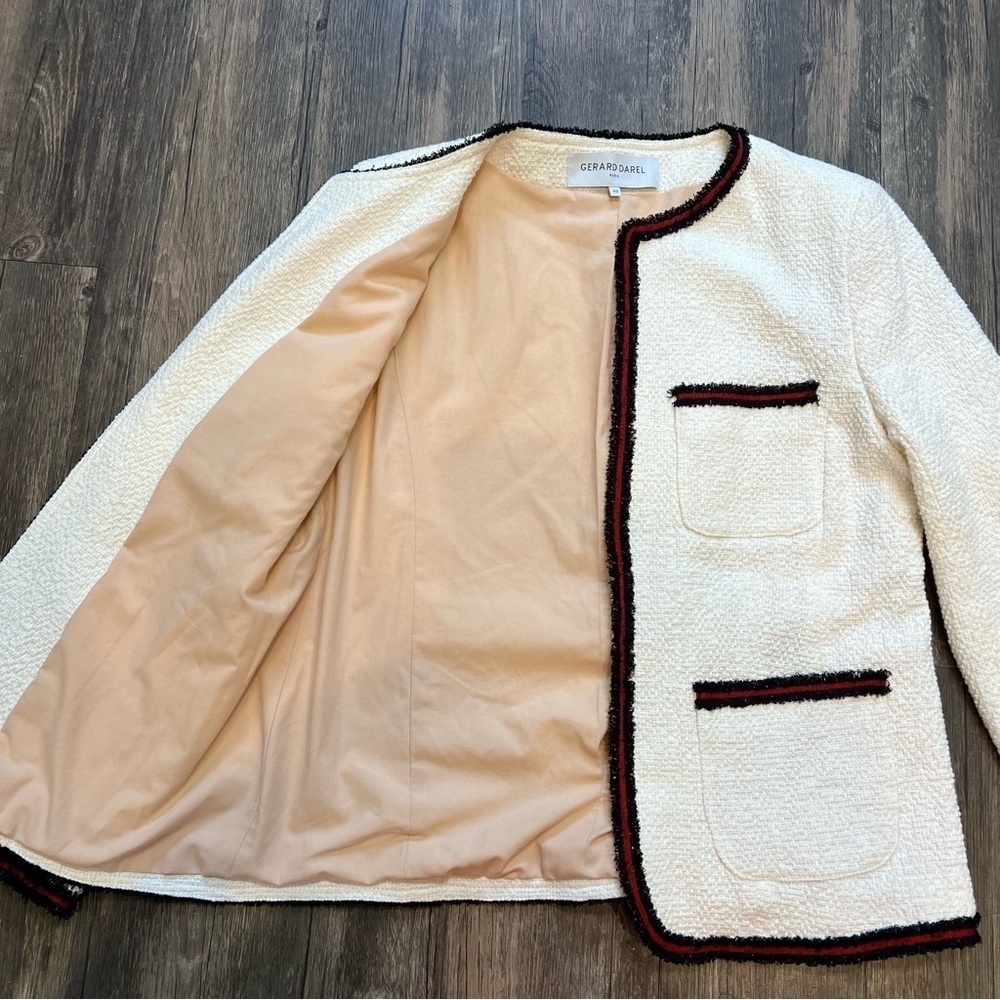Gerard Darel Ivory Woven Tweed Blazer Long Sleeves Mock Neck Mid Length Summer M - Picture 11 of 15